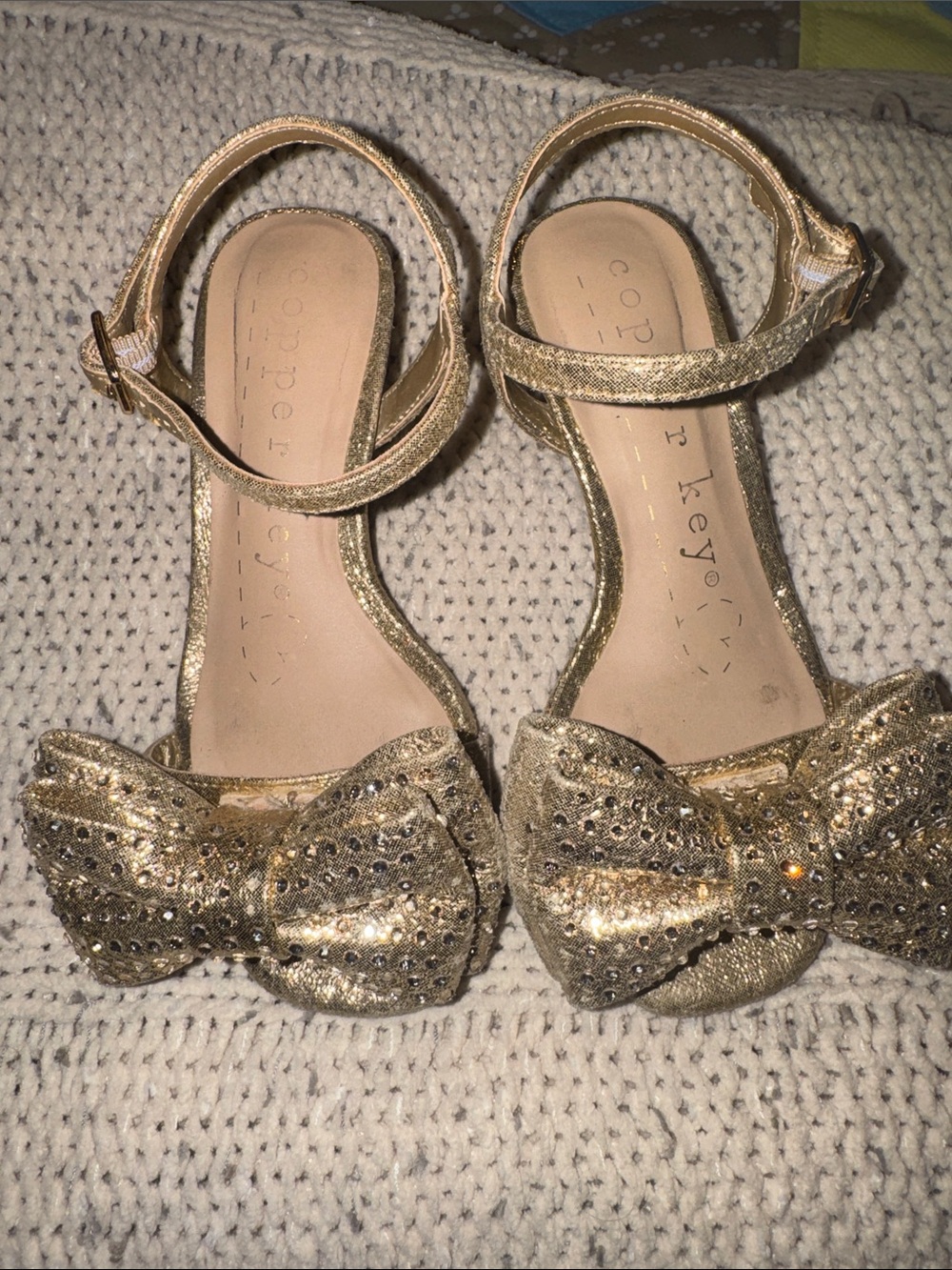 Copper Key Gold Glitter Bow Ankle-Strap Sandals